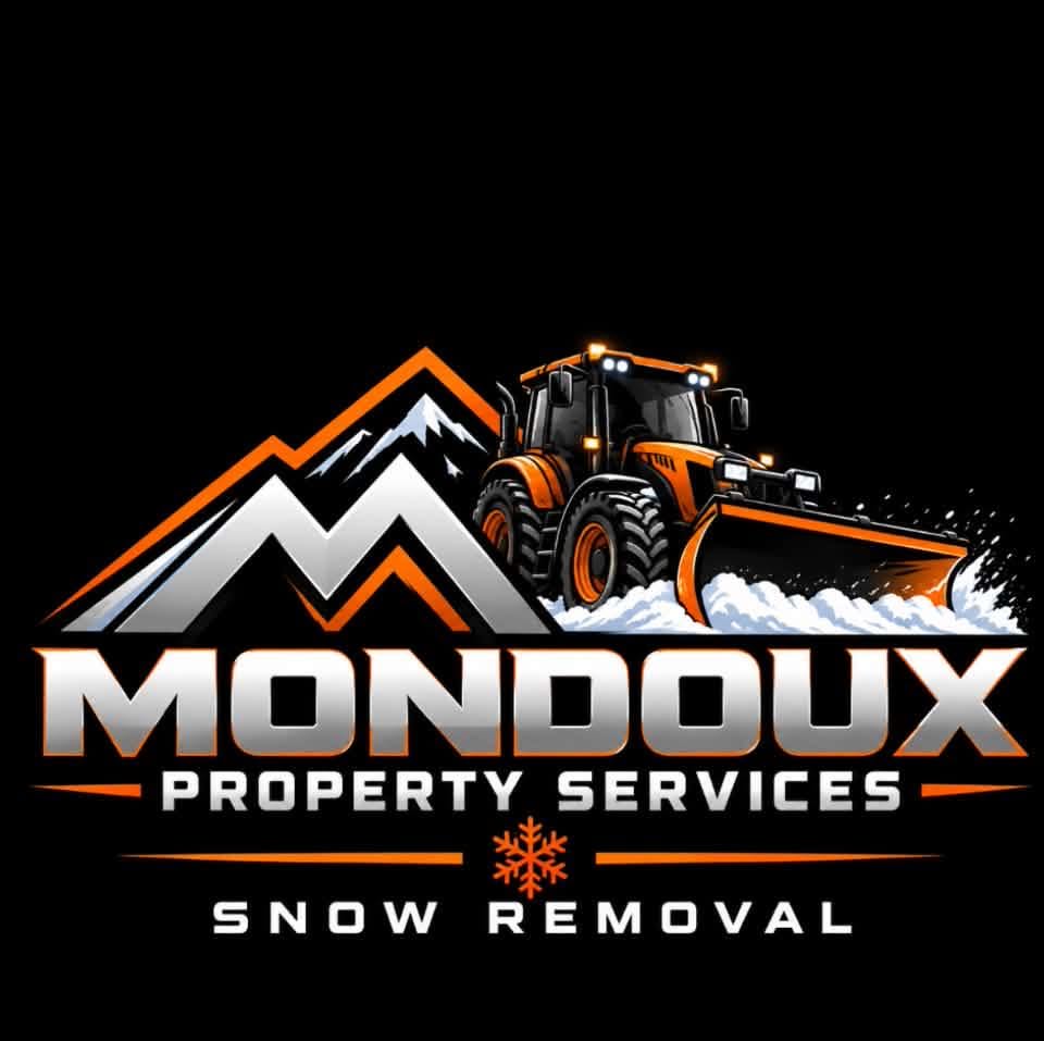 Mondoux Property Services logo with an orange tractor clearing snow and a mountain emblem